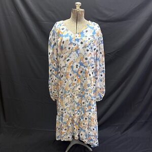 Joie White and Light Blue Floral V-Neck Tiered Midi Dress
